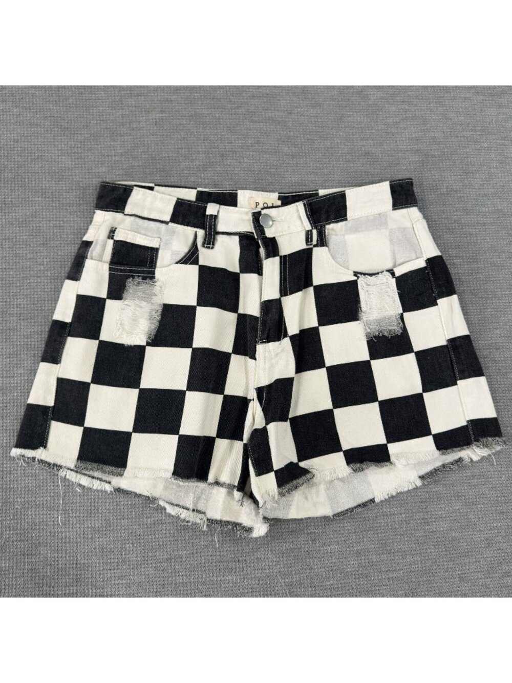 POL Misty Denim Shorts Womens Sz M Faded Black White Checkered Distressed NEW